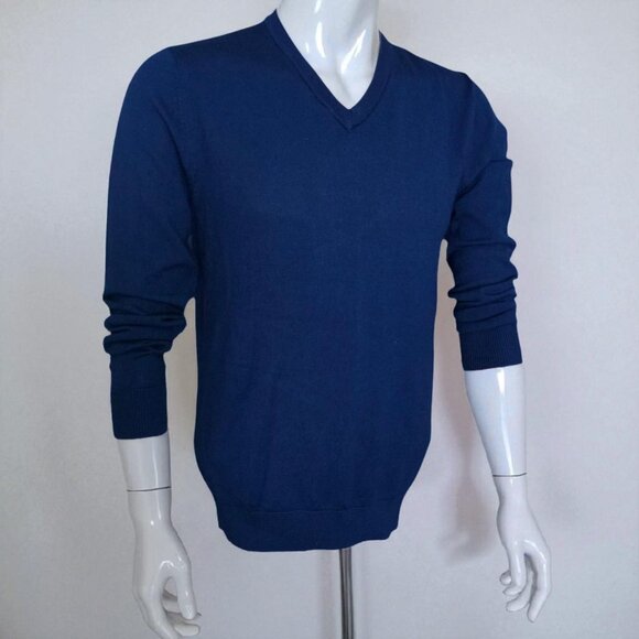 NWOT JOHN HENRIC (MED) Sweden 100 Merino V-Neck Navy Marl Pattern Sweater - Picture 7 of 9